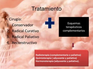 Tratamiento
• Cirugía:
1. Conservador
2. Radical Curativo
3. Radical Paliativo
4. Reconstructivo

Esquemas
terapéuticos
complementarios

Radioterapia (complementaria o paliativa)
Quimioterapia ( adyuvante y paliativa)
Hormonoterapia (adyuvante y paliativa).

 
