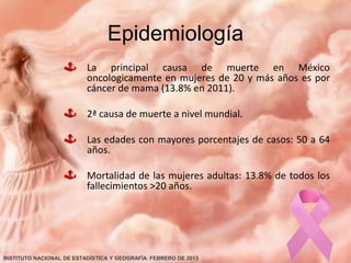 Epidemiología


La principal causa de muerte en México
oncologicamente en mujeres de 20 y más años es por
cáncer de mama (13.8% en 2011).



2ª causa de muerte a nivel mundial.



Las edades con mayores porcentajes de casos: 50 a 64
años.



Mortalidad de las mujeres adultas: 13.8% de todos los
fallecimientos >20 años.

INSTITUTO NACIONAL DE ESTADÍSTICA Y GEOGRAFÍA; FEBRERO DE 2013

 