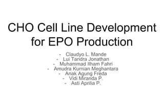 CHO Cell Line Development
for EPO Production
- Claudyo L. Mande
- Lui Tandra Jonathan
- Muhammad Ilham Fahri
- Amudra Kurnian Meghantara
- Anak Agung Freda
- Vidi Miranda P.
- Asti Aprilia P.
 