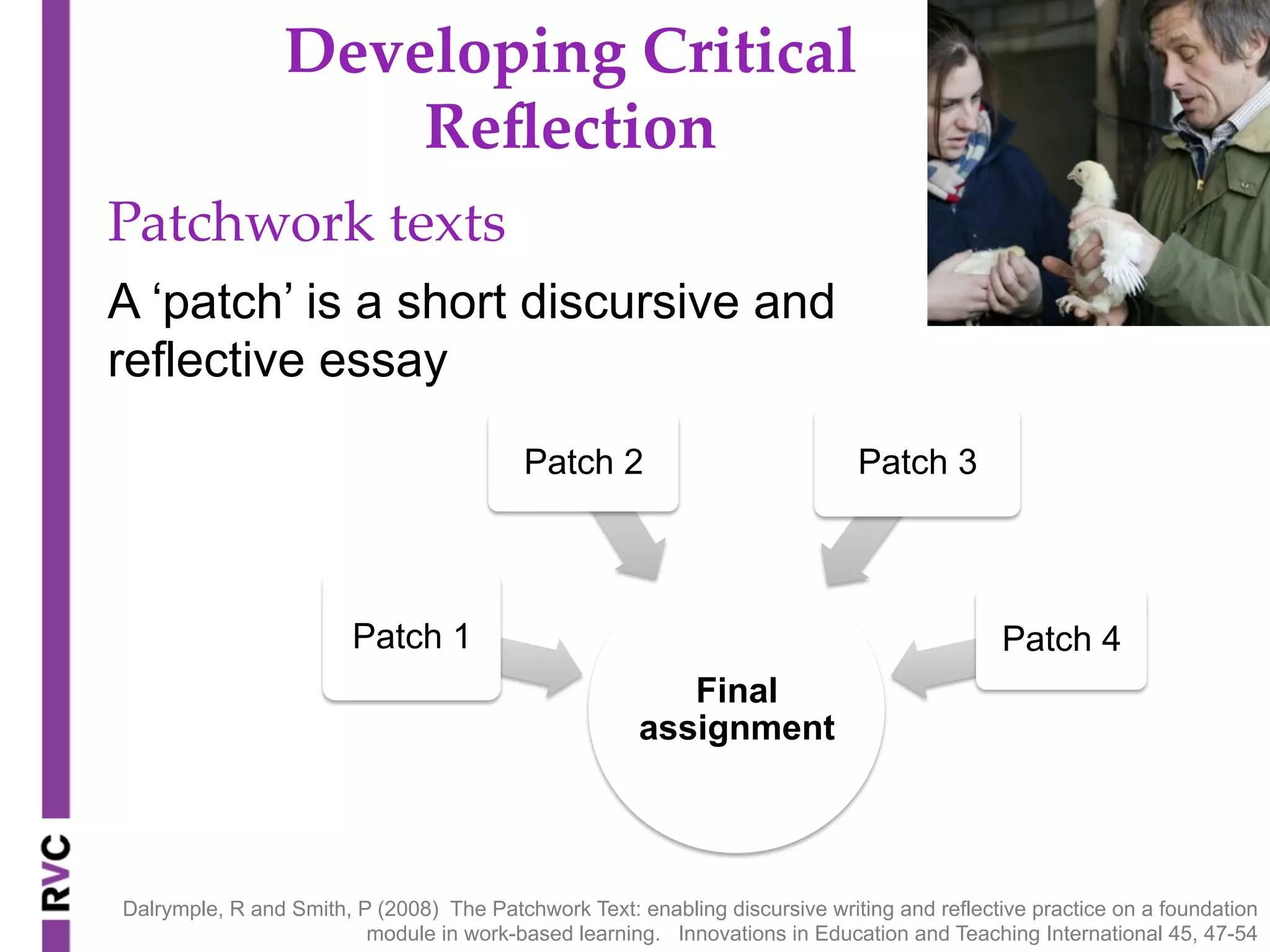 Patchwork  texts	
A ‘patch’ is a short discursive and
reflective essay
Final
assignment
Patch 1
Patch 2 Patch 3
Patch 4
Dalrymple, R and Smith, P (2008) The Patchwork Text: enabling discursive writing and reflective practice on a foundation
module in work-based learning. Innovations in Education and Teaching International 45, 47-54
Developing  Critical  
Reﬂection	
 