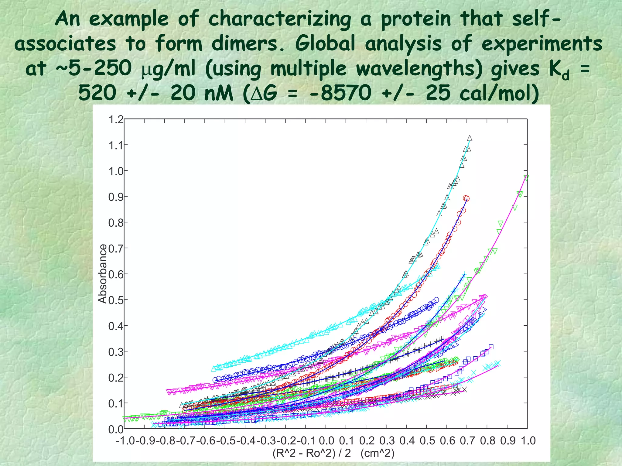 An example of characterizing a protein that self-
associates to form dimers. Global analysis of experiments
at ~5-250 µg/ml (using multiple wavelengths) gives Kd =
520 +/- 20 nM (∆G = -8570 +/- 25 cal/mol)
-1.0-0.9-0.8-0.7-0.6-0.5-0.4-0.3-0.2-0.1 0.0 0.1 0.2 0.3 0.4 0.5 0.6 0.7 0.8 0.9 1.0
(R^2 - Ro^2) / 2 (cm^2)
0.0
0.1
0.2
0.3
0.4
0.5
0.6
0.7
0.8
0.9
1.0
1.1
1.2
Absorbance
 