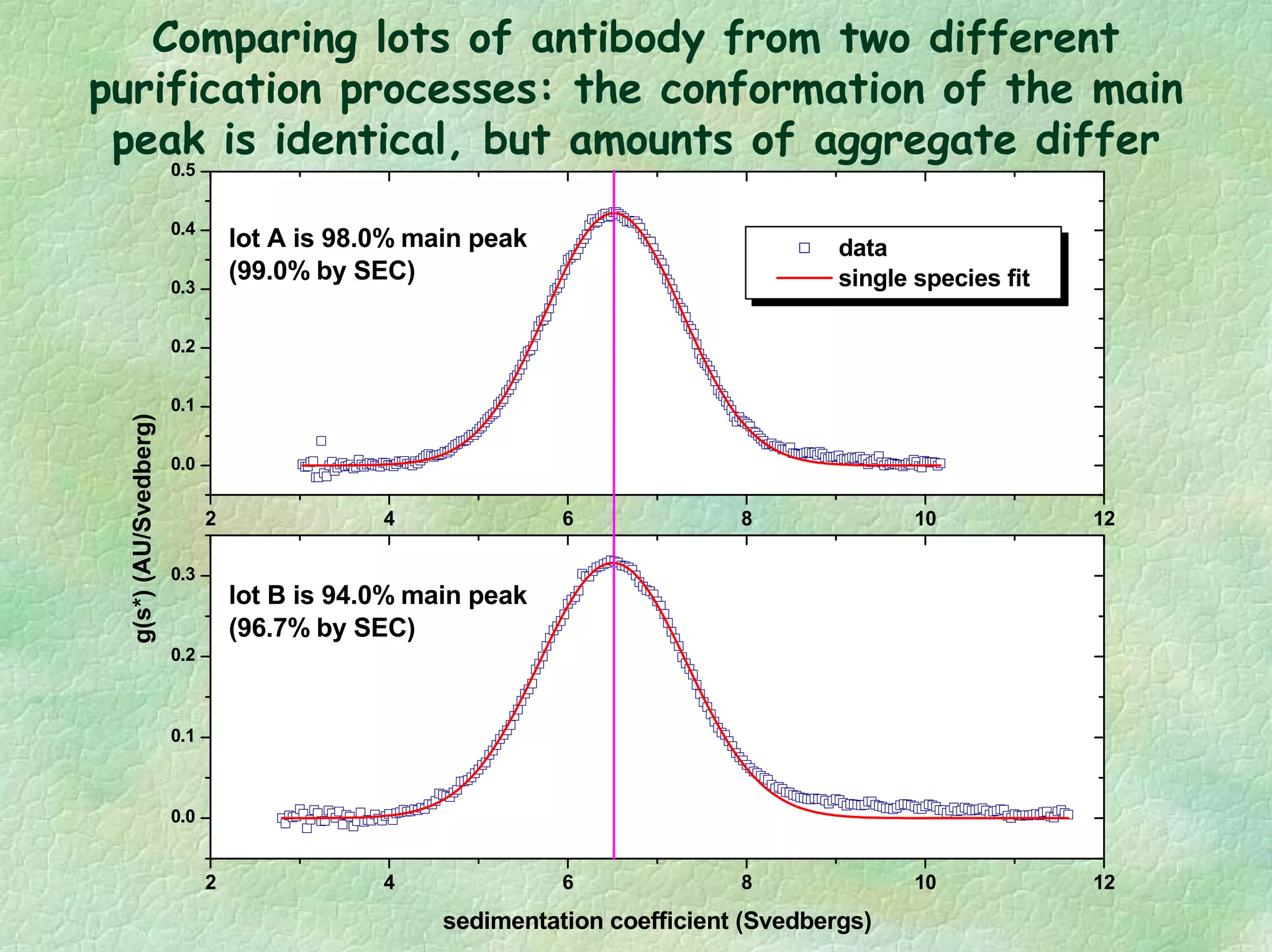 Comparing lots of antibody from two different
purification processes: the conformation of the main
peak is identical, but amounts of aggregate differ
2 4 6 8 10 12
0.0
0.1
0.2
0.3
lot B is 94.0% main peak
(96.7% by SEC)
g(s*)(AU/Svedberg)
sedimentation coefficient (Svedbergs)
2 4 6 8 10 12
0.0
0.1
0.2
0.3
0.4
0.5
data
single species fit
lot A is 98.0% main peak
(99.0% by SEC)
 