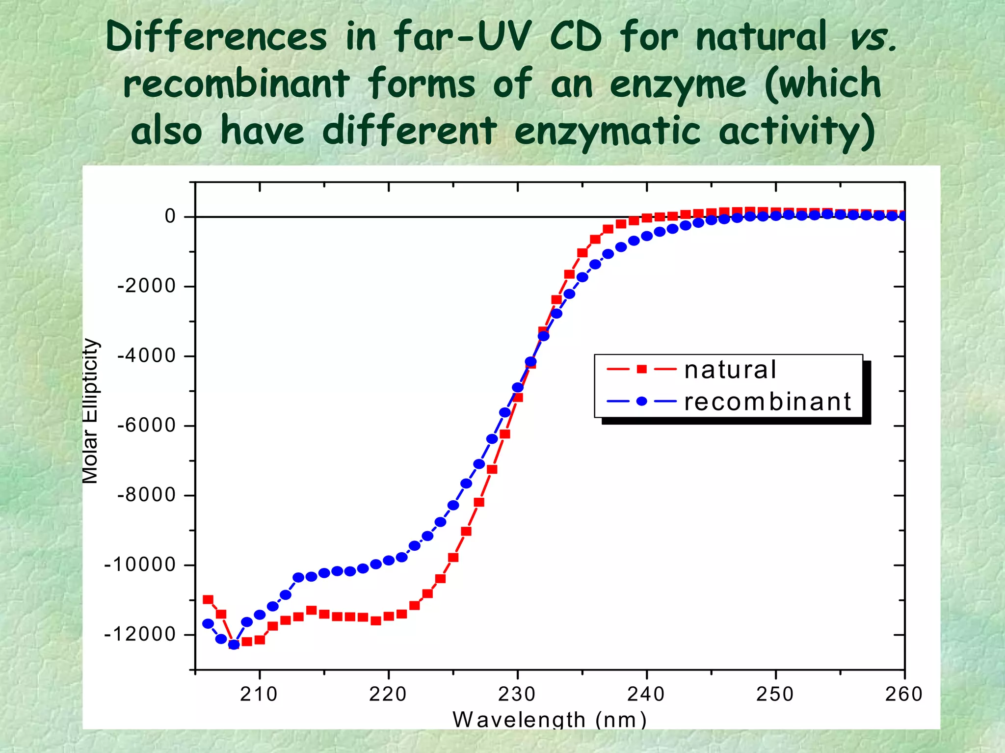 Differences in far-UV CD for natural vs.
recombinant forms of an enzyme (which
also have different enzymatic activity)
210 220 230 240 250 260
-12000
-10000
-8000
-6000
-4000
-2000
0
natural
recombinant
MolarEllipticity
W avelength (nm)
 