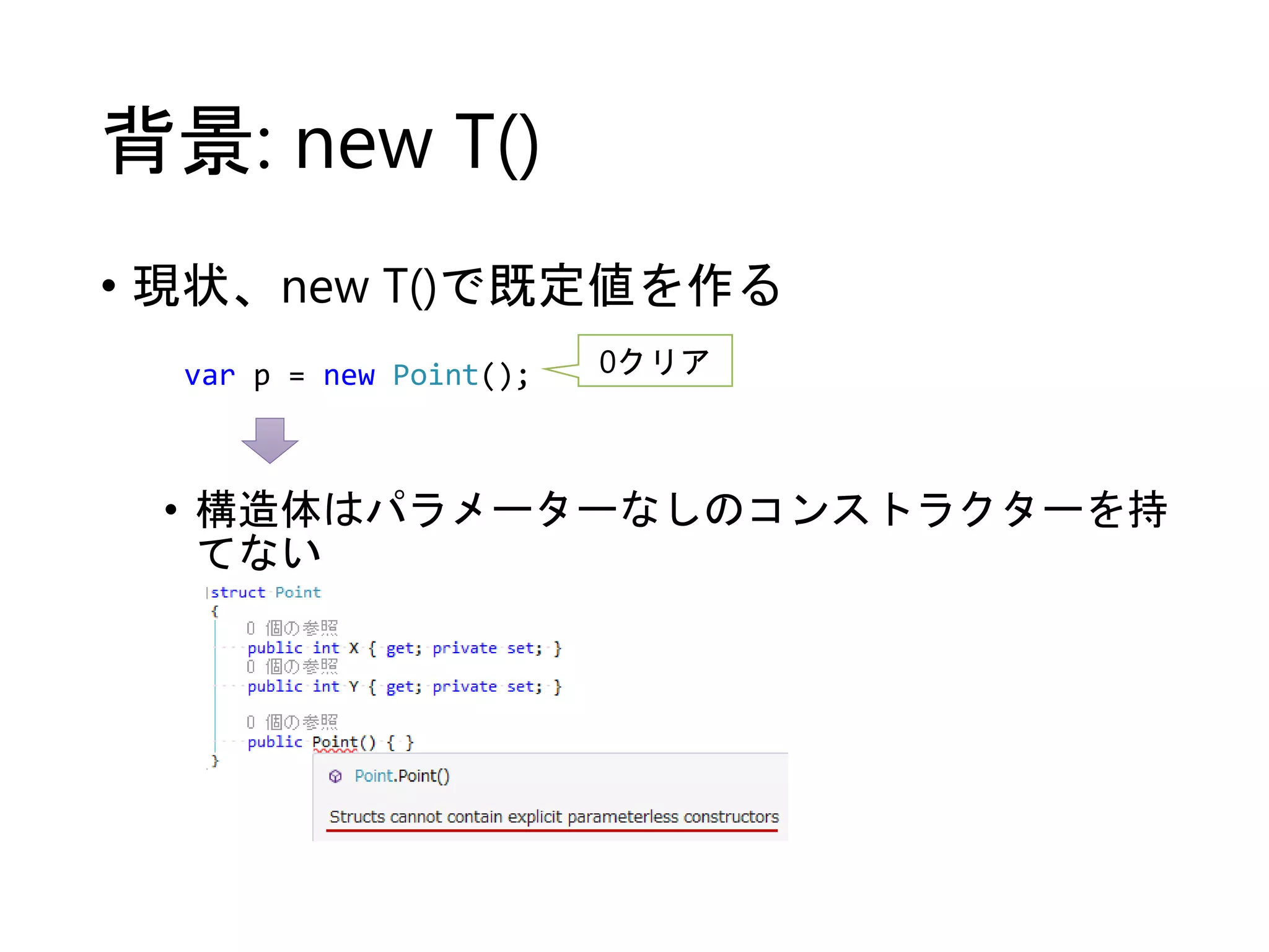 背景: new T() 
• 現状、new T()で既定値を作る 
var p = new Point(); 0クリア 
• 構造体はパラメーターなしのコンストラクターを持 
てない 
 