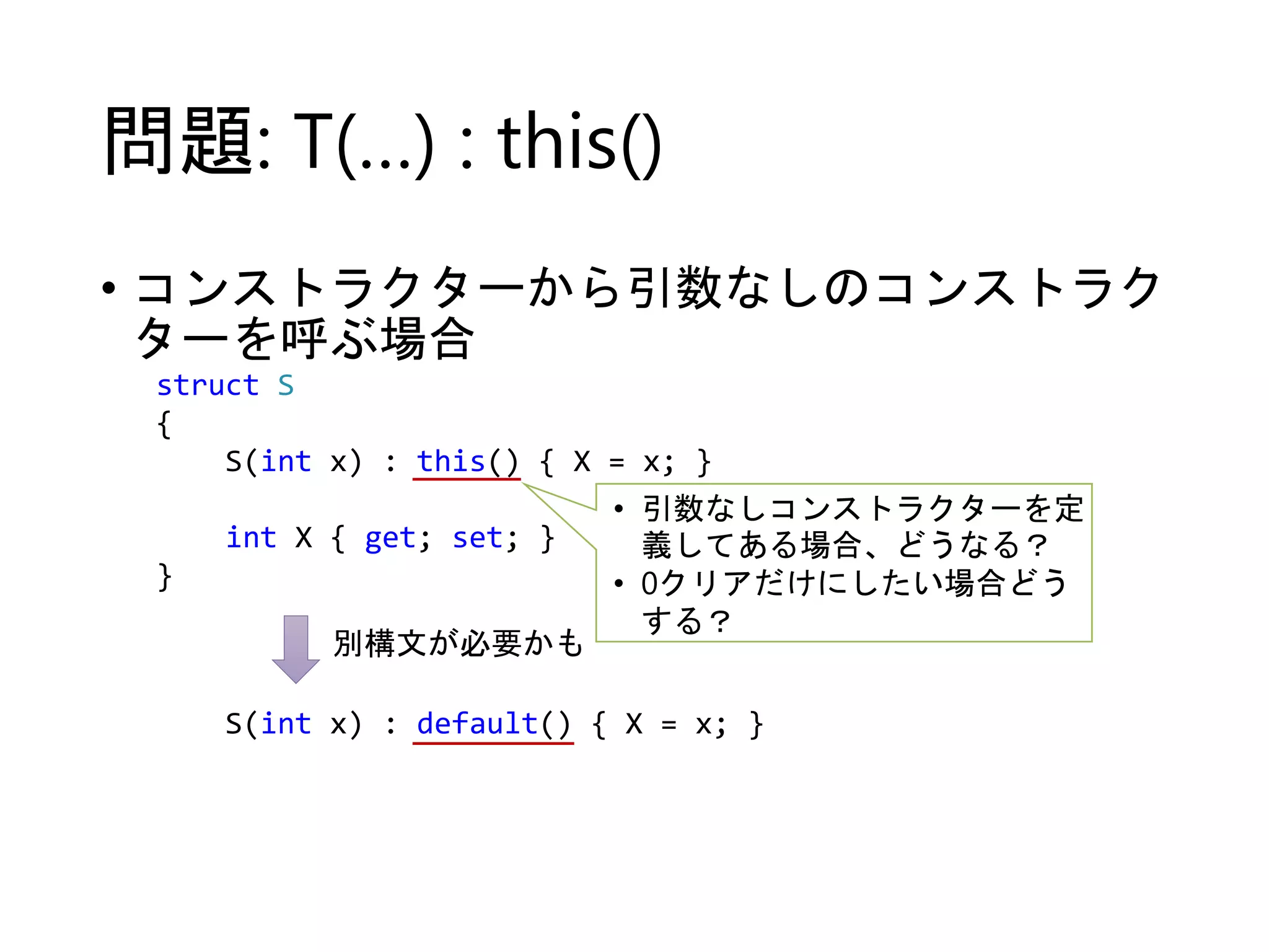 問題: T(…) : this() 
• コンストラクターから引数なしのコンストラク 
ターを呼ぶ場合 
struct S 
{ 
S(int x) : this() { X = x; } 
int X { get; set; } 
} 
• 引数なしコンストラクターを定 
義してある場合、どうなる？ 
• 0クリアだけにしたい場合どう 
する？ 
別構文が必要かも 
S(int x) : default() { X = x; } 
 