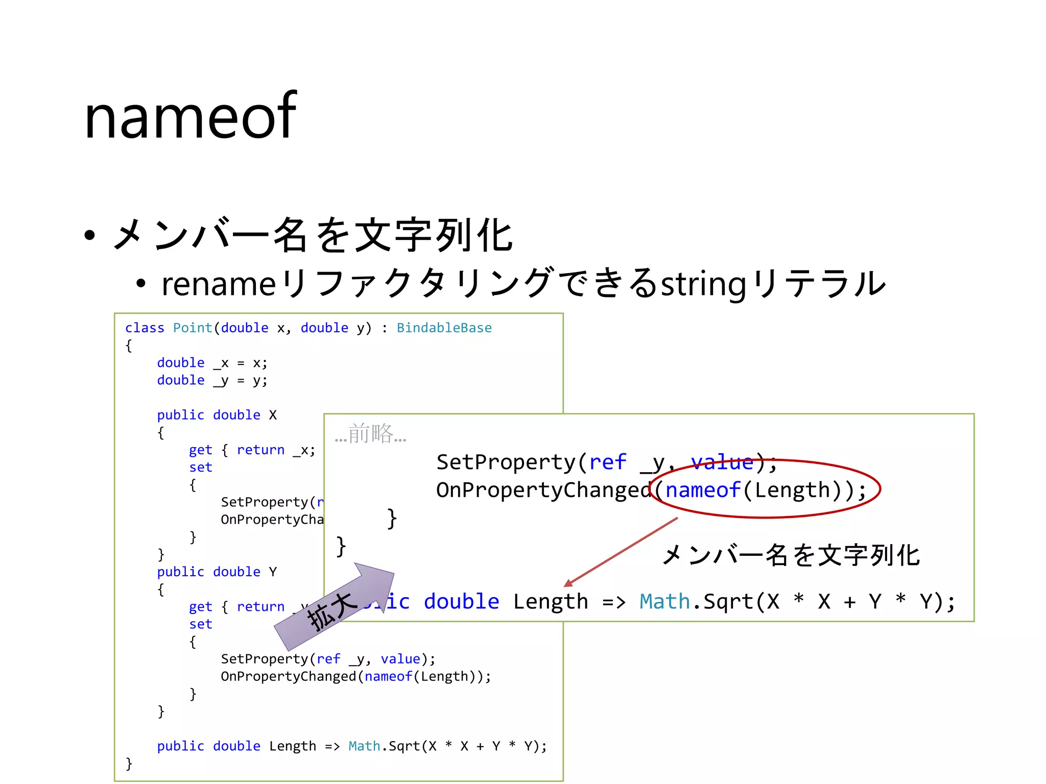 nameof 
• メンバー名を文字列化 
• renameリファクタリングできるstringリテラル 
class Point(double x, double y) : BindableBase 
{ 
double _x = x; 
double _y = y; 
public double X 
{ 
get { return _x; } 
set 
{ 
SetProperty(ref _x, value); 
OnPropertyChanged(nameof(Length)); 
} 
} 
public double Y 
{ 
get { return _y; } 
set 
{ 
SetProperty(ref _y, value); 
OnPropertyChanged(nameof(Length)); 
} 
} 
public double Length => Math.Sqrt(X * X + Y * Y); 
} 
…前略… 
SetProperty(ref _y, value); 
OnPropertyChanged(nameof(Length)); 
} 
} 
メンバー名を文字列化 
public double Length => Math.Sqrt(X * X + Y * Y); 
 