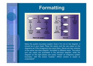 Formatting
Make the system boundary explicit. Even if it's not on the diagram, it
should be in your head. Place the actors and the use cases on the
diagrams as if the (imaginary) box were there. Above are two versions
of the same use-case diagram, formatted in different ways. The actors
and use cases are scrambled in the left-hand diagram, while the
diagram on the right places use cases "inside" an imaginary system
boundary, with the actors "outside." Which version is easier to
understand?
 