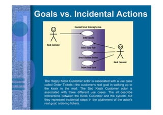 Goals vs. Incidental Actions
The Happy Kiosk Customer actor is associated with a use case
called Order Tickets—the customer's real goal in walking up to
the kiosk in the mall. The Sad Kiosk Customer actor is
associated with three different use cases. The all describe
interactions between the Kiosk Customer and the system, but
they represent incidental steps in the attainment of the actor's
real goal, ordering tickets.
 