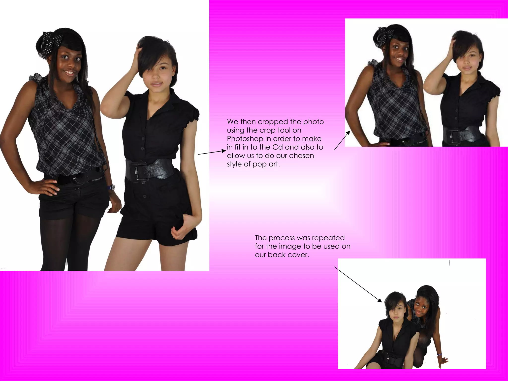 We then cropped the photo using the crop tool on Photoshop in order to make in fit in to the Cd and also to allow us to do our chosen style of pop art. The process was repeated for the image to be used on our back cover. 