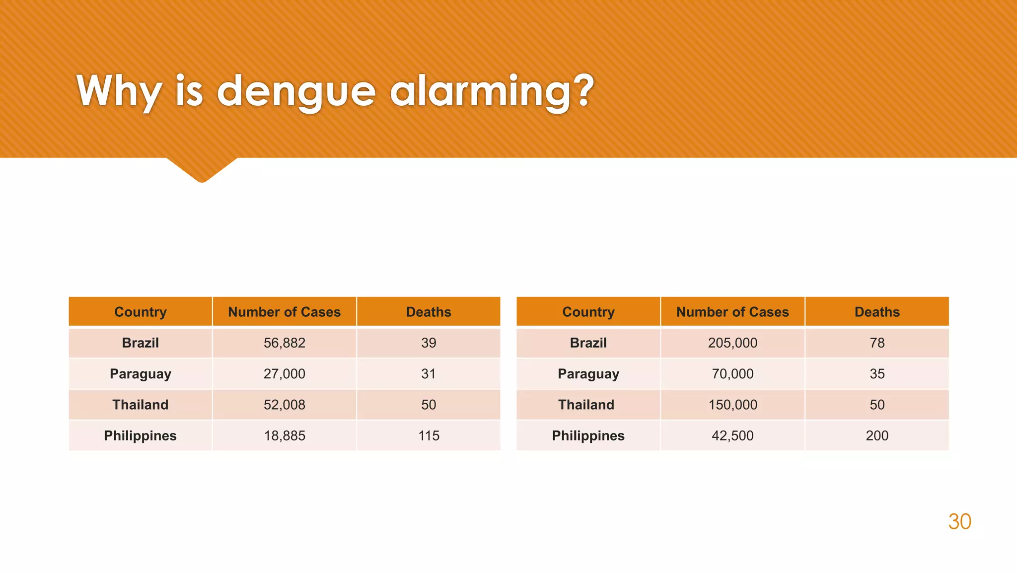 Why is dengue alarming?
Country Number of Cases Deaths
Brazil 56,882 39
Paraguay 27,000 31
Thailand 52,008 50
Philippines 18,885 115
Country Number of Cases Deaths
Brazil 205,000 78
Paraguay 70,000 35
Thailand 150,000 50
Philippines 42,500 200
Data of 2011 Data of 2013
30
 