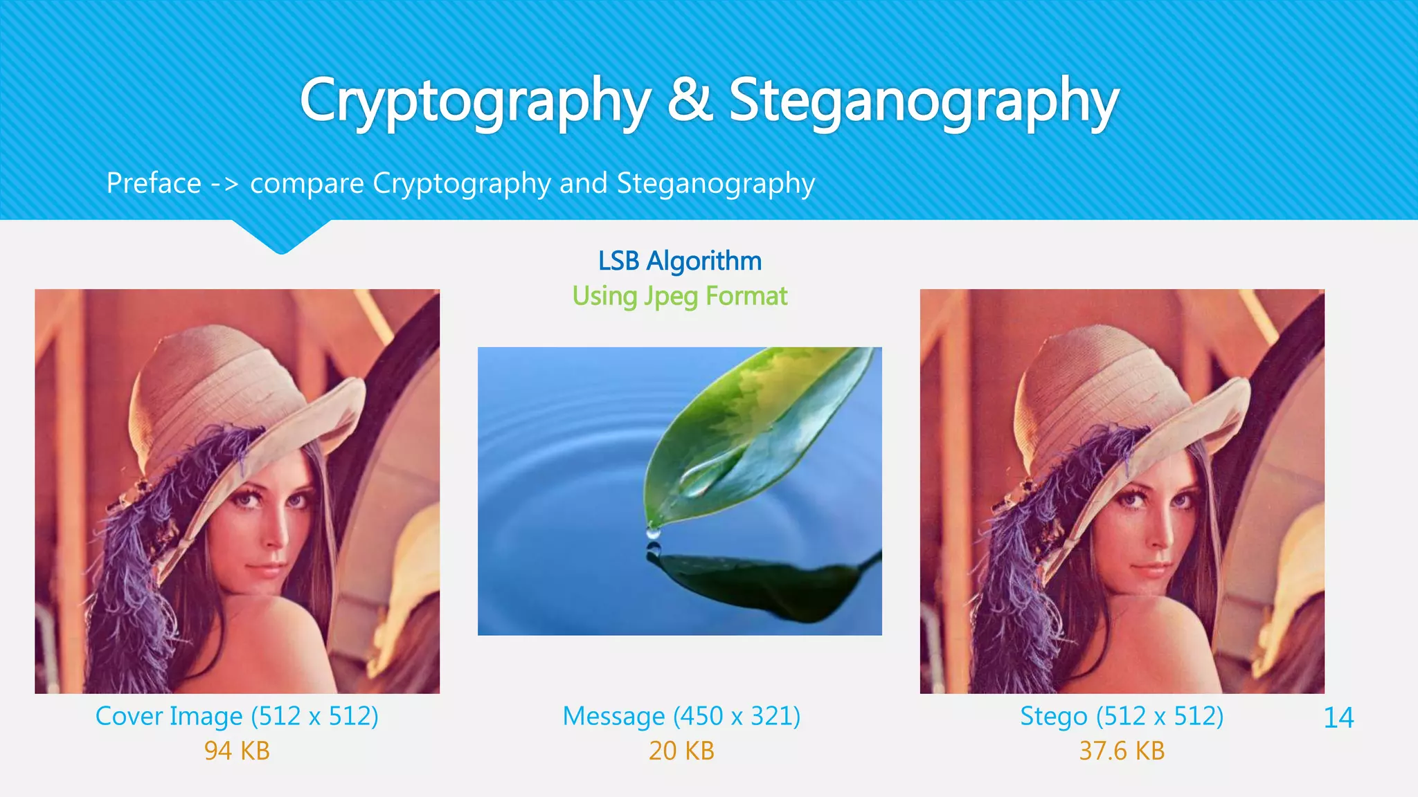 Cryptography & Steganography
14
Preface -> compare Cryptography and Steganography
Cover Image (512 x 512)
94 KB
LSB Algorithm
Using Jpeg Format
Message (450 x 321)
20 KB
Stego (512 x 512)
37.6 KB
 
