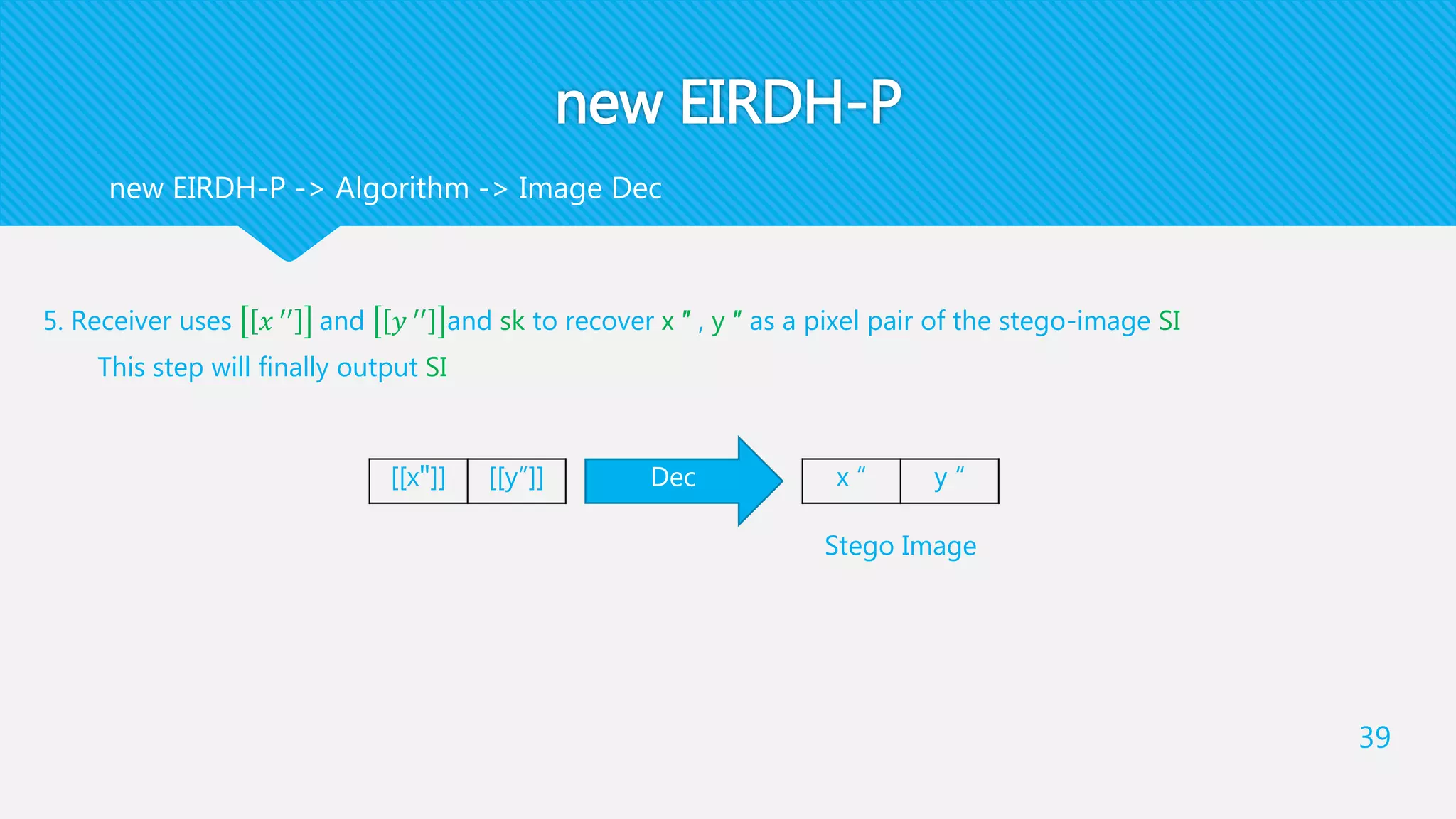 new EIRDH-P
5. Receiver uses 𝑥 ′′
and 𝑦 ′′
and sk to recover x ″ , y ″ as a pixel pair of the stego-image SI
This step will finally output SI
39
new EIRDH-P -> Algorithm -> Image Dec
[[y”]][[x"]] Dec y “x “
Stego Image
 