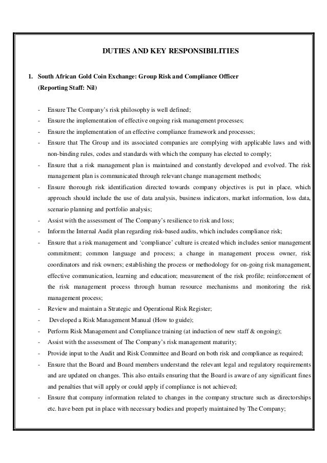 Duties responsiblities key skills