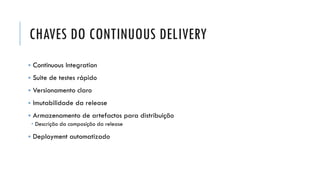 CHAVES DO CONTINUOUS DELIVERY
▪ Continuous Integration
▪ Suite de testes rápido
▪ Versionamento claro
▪ Imutabilidade da release
▪ Armazenamento de artefactos para distribuição
 Descrição da composição da release
▪ Deployment automatizado
 