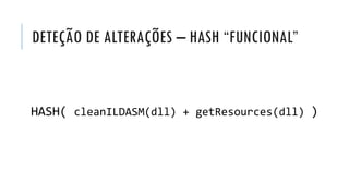 DETEÇÃO DE ALTERAÇÕES – HASH “FUNCIONAL”
HASH( cleanILDASM(dll) + getResources(dll) )
 