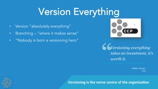 Version Everything 
• Version “absolutely everything” 
• Branching – “where it makes sense” 
• “Nobody is born a versioning hero” 
“ Versioning everything 
takes an investment, it’s 
worth it. 
Halldor 
Fannar, 
CTO 
Versioning 
is 
the 
nerve 
centre 
of 
the 
organiza;on 
 