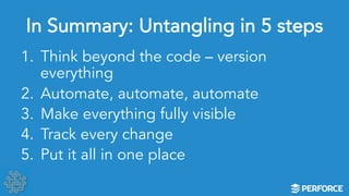 In Summary: Untangling in 5 steps 
1. Think beyond the code – version 
everything 
2. Automate, automate, automate 
3. Make everything fully visible 
4. Track every change 
5. Put it all in one place 
 