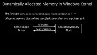 Dynamically Allocated Memory in Windows Kernel
The function ExAllocatePoolWithTag(NumberOfBytes) ―
allocates memory block ...