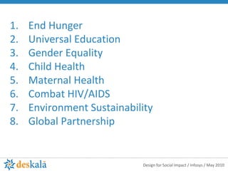 End Hunger Universal Education Gender Equality Child Health Maternal Health Combat HIV/AIDS Environment Sustainability Global Partnership 