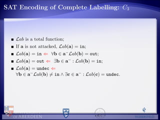 SAT Encoding of Complete Labelling: C3
Lab is a total function;
If a is not attacked, Lab(a) = in;
Lab(a) = in ⇐ ∀b ∈ a−Lab(b) = out;
Lab(a) = out ⇐ ∃b ∈ a− : Lab(b) = in;
Lab(a) = undec ⇐
∀b ∈ a−Lab(b) = in ∧ ∃c ∈ a− : Lab(c) = undec.
 