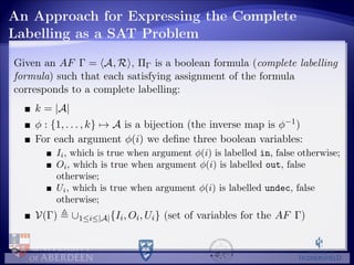 An Approach for Expressing the Complete
Labelling as a SAT Problem
Given an AF Γ = A, R , ΠΓ is a boolean formula (complete labelling
formula) such that each satisfying assignment of the formula
corresponds to a complete labelling:
k = |A|
φ : {1, . . . , k} → A is a bijection (the inverse map is φ−1)
For each argument φ(i) we deﬁne three boolean variables:
Ii, which is true when argument φ(i) is labelled in, false otherwise;
Oi, which is true when argument φ(i) is labelled out, false
otherwise;
Ui, which is true when argument φ(i) is labelled undec, false
otherwise;
V(Γ) ∪1≤i≤|A|{Ii, Oi, Ui} (set of variables for the AF Γ)
 
