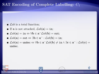 SAT Encoding of Complete Labelling: C1
Lab is a total function;
If a is not attacked, Lab(a) = in;
Lab(a) = in ⇔ ∀b ∈ a−Lab(b) = out;
Lab(a) = out ⇔ ∃b ∈ a− : Lab(b) = in;
Lab(a) = undec ⇔ ∀b ∈ a−Lab(b) = in ∧ ∃c ∈ a− : Lab(c) =
undec.
 