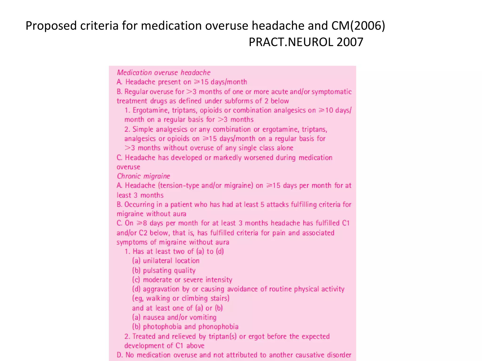 Proposed criteria for medication overuse headache and CM(2006)  PRACT.NEUROL 2007 