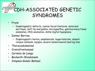 CDH-ASSOCIATED GENETIC
SYNDROMES
• Fryns
– Diaphragmatic defects, coarse facial features, abnormal
ear/nose, cleft lip and palate, micrognathia, genitourinary/renal
anomalies, CNS anomalies, distal digital hypoplasia
• Donnai-Barrow
– Diaphragmatic hernia, omphalocele, hypertelorism, absent
corpus callosum, myopia, severe sensorineural hearing loss
• Thoracoabdominal
• Craniofrontonasal
• Cornelia de Lange
• Beckwith-Wiedemann
• Simpson-Golabi-Behmel
 