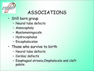ASSOCIATIONS
• Still born group
– Neural tube defects
– Anencephaly
– Myelomeningocele
– Hydrocephalus
– Encephaloceles
• Those who survive to birth
– Neural tube defects
– Cardiac defects
– Esophageal atresia,Omphalocele and cleft
palate
 