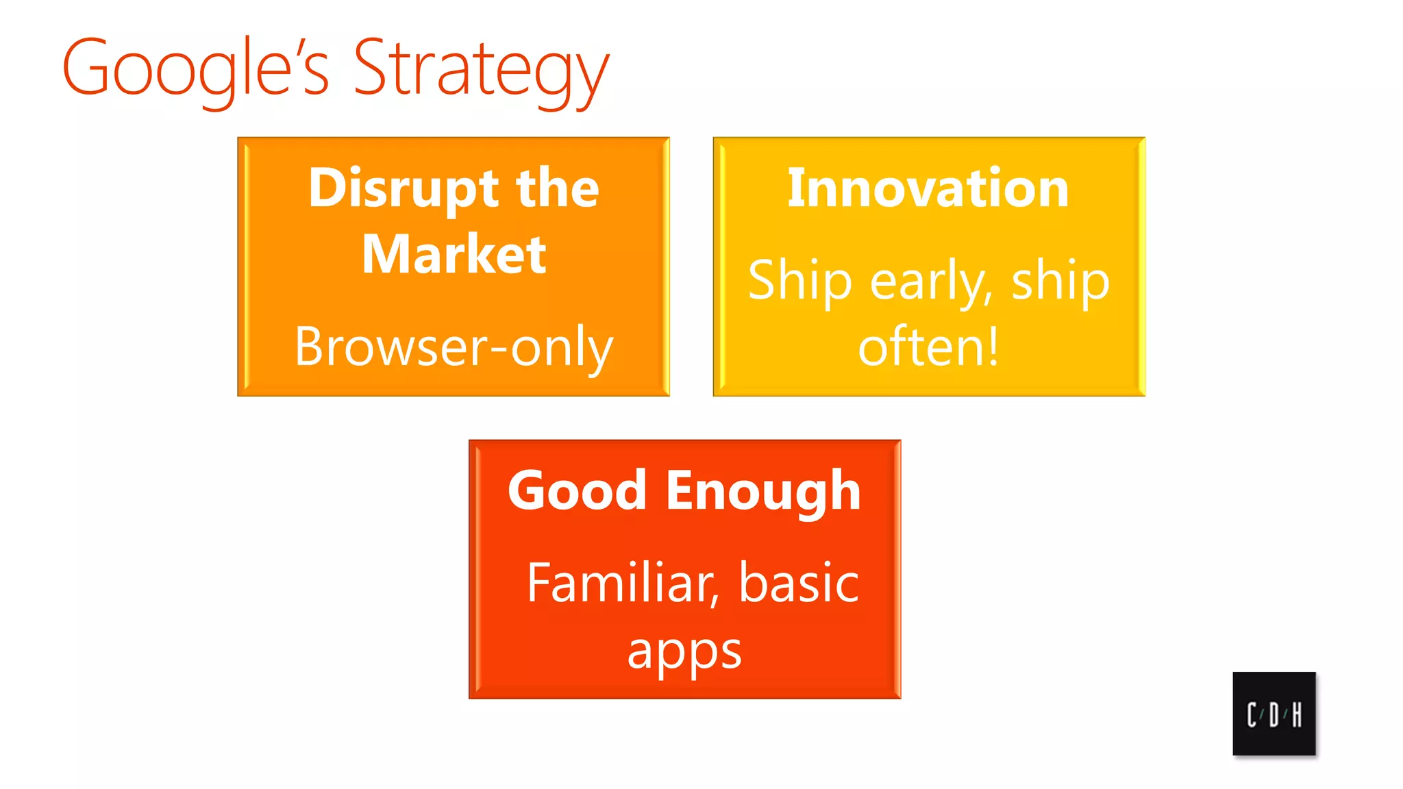 Disrupt the
Market
Browser-only

Innovation
Ship early, ship
often!

Good Enough
Familiar, basic
apps

 