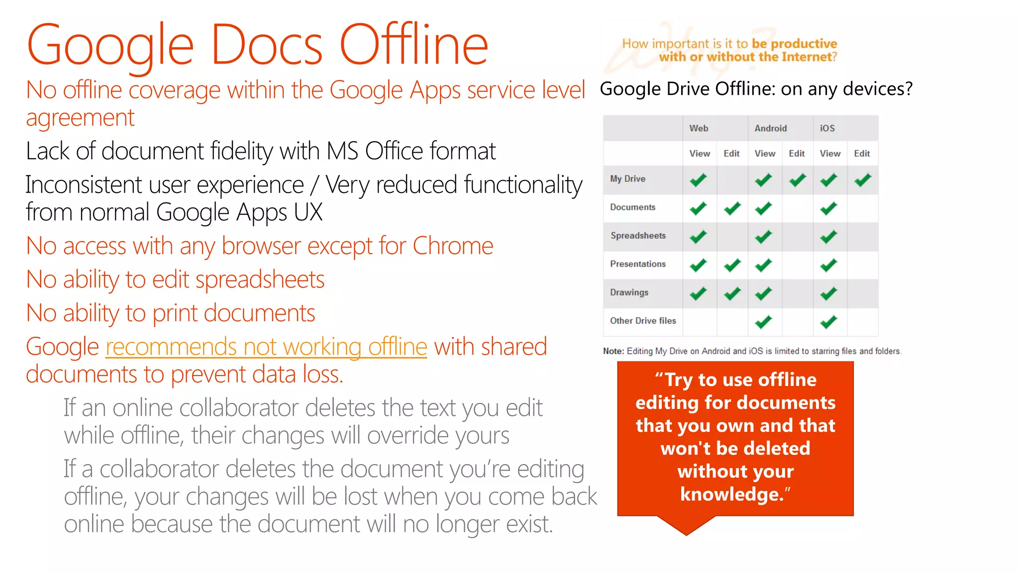 No offline coverage within the Google Apps service level
agreement

No access with any browser except for Chrome
No ability to edit spreadsheets
No ability to print documents
Google recommends not working offline with shared
documents to prevent data loss.
If an online collaborator deletes the text you edit
while offline, their changes will override yours
If a collaborator deletes the document you’re editing
offline, your changes will be lost when you come back
online because the document will no longer exist.

Google Drive Offline: on any devices?

“Try to use offline
editing for documents
that you own and that
won't be deleted
without your
knowledge.”

 