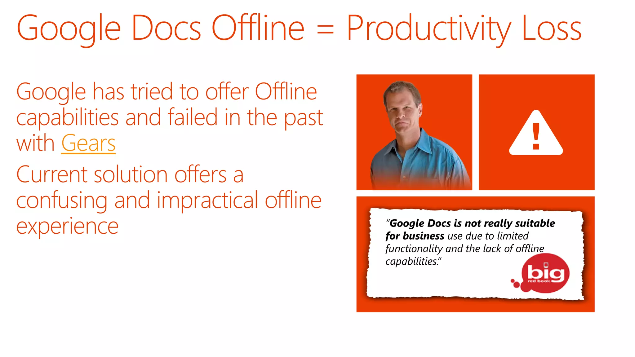 Google has tried to offer Offline
capabilities and failed in the past
with Gears
Current solution offers a
confusing and impractical offline
experience

“Google Docs is not really suitable
for business use due to limited
functionality and the lack of offline
capabilities.”

 