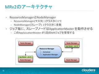 MRv2のアーキテクチャ	
 (cont’d)
          MRv2 System Architecture

              Slave nodes run individual tasks similar to MRv1
         •  ResourceManagerとNodeManager	
  
                 ResourceManager(マスタ):	
  1クラスタに1つ	
  
             • For each job, one slave node is Application Master
             •  NodeManager(スレーブ):	
  1クラスタに多数	
  
                  –  Manages application lifecycle
         •    ジョブ毎に、スレーブノードはApplicaMonMaster	
  を動作させる	
  
                –  Negotiates resource “containers” from Resource Manager
              •    このApploicaMonMaster	
  が1回のMRジョブを管理する	
                   –  Monitors tasks running on the other slave nodes


                        Node Manager                                                                       Node Manager
                                                                                                          App Master - Job #2
                                                          Resource Manager

                                                                Scheduler
                                                                Application Manager
                       App Master - Job #1

                        Node Manager                                                                       Node Manager




                               Copyright © 2010-2012 Cloudera. All rights reserved. Not to be reproduced without prior written consent.   04-27
50	
  
 