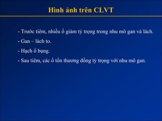 Hình ảnh trên CLVT

- Trước tiêm, nhiều ổ giảm tỷ trọng trong nhu mô gan và lách.
- Gan – lách to.
- Hạch ổ bụng.
- Sau tiêm, các ổ tổn thương đồng tỷ trọng với nhu mô gan.
 
