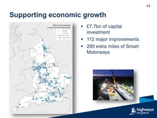 v1
Supporting economic growth
 £7.7bn of capital
investment
 112 major improvements
 280 extra miles of Smart
Motorways
 