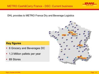 Riga | October-29-2009 Page 14
METRO Cash&Carry France - DSC: Current business
DHL provides to METRO France Dry and Beverage Logistics
 6 Grocery and Beverages DC
 1,3 Million pallets per year
 89 Stores
Key figures
 