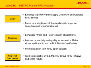 Riga | October-29-2009 Page 15
• Enhance METRO France Supply Chain with an integrated
RFID service
• Focus on a single part of the supply chain to get an
immediate and operational result
Vision
Objectives
Proposed
Components
• Enhanced “Track and Trace” solution at pallet level
• Improve productivity and quality for inbound in Metro
stores and for outbound in DHL Distribution Centers
• Promote a short term RFID open solution
• Work in respect of DHL & METRO Group RFID Initiative
and share results
Joint DHL – METRO France RFID-Initiative
 