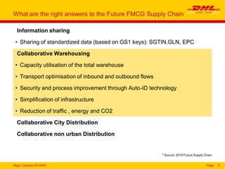Riga | October-29-2009 Page 5
What are the right answers to the Future FMCG Supply Chain
Information sharing
• Sharing of standardized data (based on GS1 keys): SGTIN,GLN, EPC
Collaborative Warehousing
• Capacity utilisation of the total warehouse
• Transport optimisation of inbound and outbound flows
• Security and process improvement through Auto-ID technology
• Simplification of infrastructure
• Reduction of traffic , energy and CO2
Collaborative City Distribution
Collaborative non urban Distribution
* Source: 2016 Future Supply Chain
 