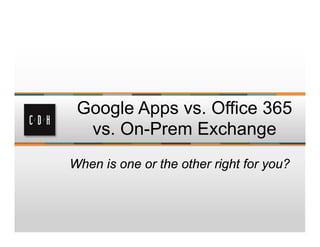 Google Apps vs. Office 365
  vs. On-Prem Exchange
When is one or the other right for you?
 