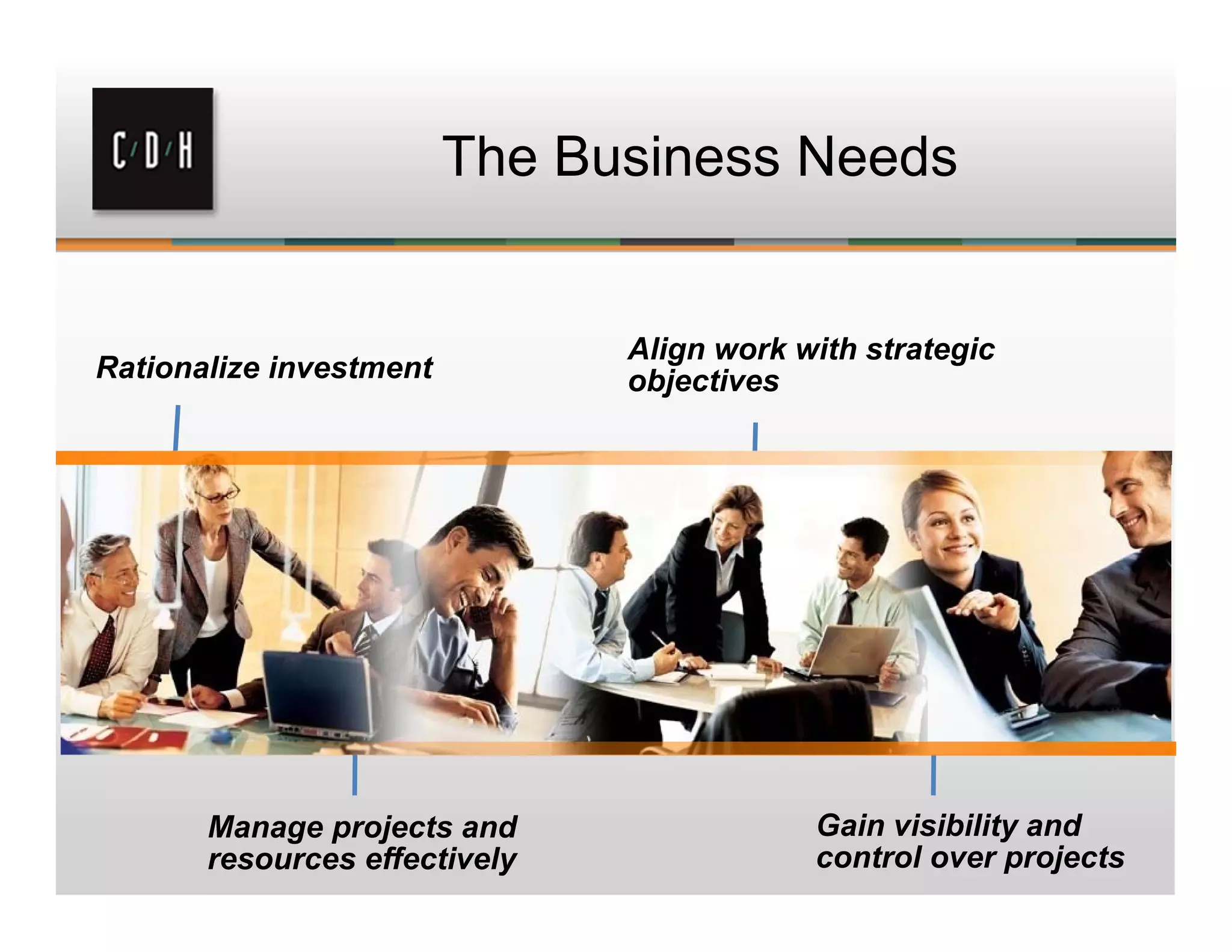 The Business Needs
Align work with strategic
objectives
Manage projects and
resources effectively
Gain visibility and
control over projects
Rationalize investment
 