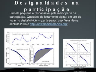 Atividade Após 2 anos temos 9000 usuários, 60% tem ícone, 35% preencheu perfil. Da ordem de  1000  usuários “ativos” fizeram  8000 posts , 9500 comentários,  5500 arquivos Acessos: 6000-8000 visitas / dia décimo sub-domínio mais acessado da USP, 1/3 dos acessos do portal institucional 