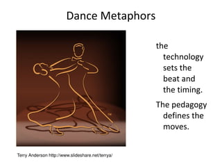Dance Metaphors the technology sets the beat and the timing. The pedagogy defines the moves.  Terry Anderson http://www.slideshare.net/terrya/ 