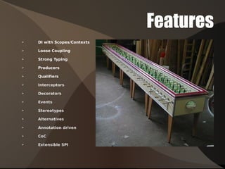 Features <ul><li>DI with Scopes/Contexts </li></ul><ul><li>Loose Coupling </li></ul><ul><li>Strong Typing </li></ul><ul><l...