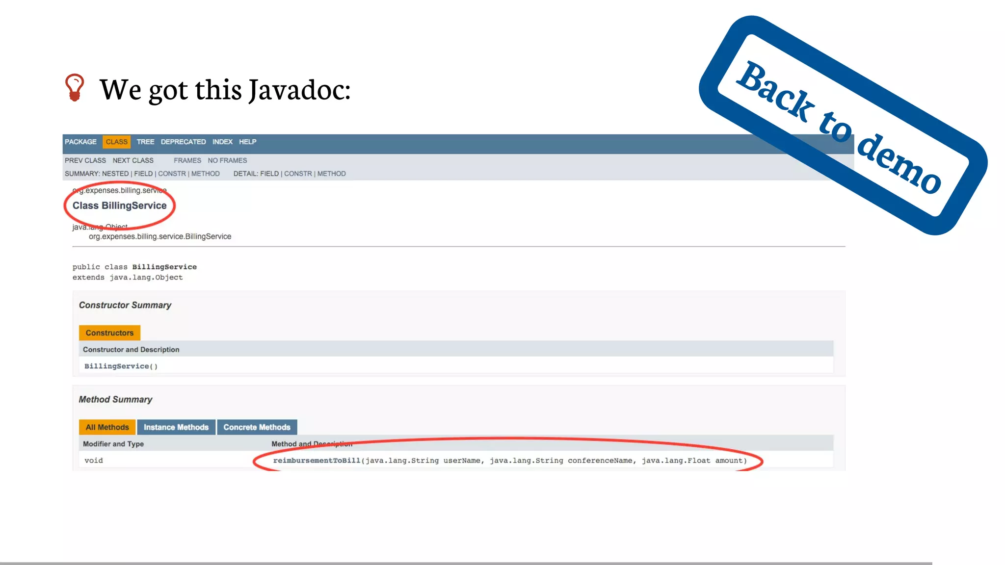  We	got	this	Javadoc:
Back	to	demo
 