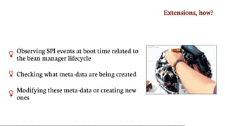 Extensions,	how?

Observing	SPI	events	at	boot	time	related	to
the	bean	manager	lifecycle
 Checking	what	meta-data	are	being	created
 Modifying	these	meta-data	or	creating	new
ones
 