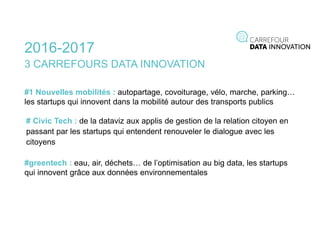3 CARREFOURS DATA INNOVATION
#1 Nouvelles mobilités : autopartage, covoiturage, vélo, marche, parking…
les startups qui innovent dans la mobilité autour des transports publics
2016-2017
#greentech : eau, air, déchets… de l’optimisation au big data, les startups
qui innovent grâce aux données environnementales
# Civic Tech : de la dataviz aux applis de gestion de la relation citoyen en
passant par les startups qui entendent renouveler le dialogue avec les
citoyens
 