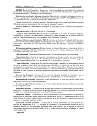 Miércoles 27 de febrero de 2013 DIARIO OFICIAL (Quinta Sección)
CORESE: Comité de Regulación y Seguimiento. Instancia colegiada de coordinación interinstitucional
creada con el propósito de garantizar el cumplimiento de los compromisos adquiridos entre los gobiernos de
las entidades federativas y la CDI en el marco del Programa.
Dependencias o entidades federales normativas: Dependencias o entidades federales normativas en
materia de agua potable y alcantarillado, electrificación, caminos en general (CNA, CFE y SCT) o de acuerdo
a su competencia, la que se incluya en algún proceso del Programa.
Ejecutor: Dependencias y entidades federales y estatales, gobiernos municipales y las Delegaciones de la
CDI que se encarguen de ejecutar los diferentes tipos de apoyo del Programa.
Gobierno del Estado o de la Entidad Federativa: El Poder Ejecutivo de cada Estado de la República
Mexicana.
Instancia normativa: La Dirección General de Infraestructura.
Listado de obras convenidas: Relación de obras consideradas en la Cartera de obras del Programa,
únicamente en lo relativo a su denominación, localización y entidad ejecutora, con el propósito de que la
Dirección General de Infraestructura lo publique en el Diario Oficial de la Federación.
Matriz de Indicadores para Resultados (MIR): En el marco del Sistema de Evaluación del Desempeño,
se refiere al instrumento elaborado bajo la metodología de marco lógico, donde se describen el fin, propósito,
componentes y actividades, así como indicadores, metas, medios de verificación y supuestos vinculados al
Programa.
Oficio de asignación presupuestal: Oficio emitido por la Dirección General de Infraestructura, dirigido a
la Delegación Estatal de la CDI, donde se comunica el monto total de los recursos federales convenidos con el
Estado para la ejecución de las obras.
PIBAI o Programa: Programa de Infraestructura Básica para la Atención de los Pueblos Indígenas.
Propuesta de obras: Conjunto de proyectos y/o solicitudes de obra que cumplen con los requisitos de
elegibilidad del Programa, que han sido validados por las entidades normativas federales y que la
Dependencia Estatal Responsable envía al CORESE para su revisión técnica y normativa.
Proyecto ejecutivo: Expediente de obra, debidamente integrado y validado por la dependencia federal
normativa competente, que incluye las autorizaciones ambientales, de cambio de uso del suelo y las
relacionadas con los derechos de vía, servidumbres de paso y uso, disposición o afectación de los recursos
requeridos por las obras, incluyendo los inherentes al uso y aprovechamiento del agua y demás disposiciones
aplicables, así como lo previsto en la Ley de Obras Públicas y Servicios Relacionados con las Mismas y en su
Reglamento.
Recursos del Programa: Sumatoria de los recursos federales, estatales o municipales, que se
comprometen, a través de los Acuerdos de Coordinación para destinarlos a los fines del Programa.
Responsable del programa: Dependencia Estatal designada por el titular del Ejecutivo Estatal como
responsable del Programa en la Entidad Federativa.
Servicios de supervisión: La contratación de servicios relacionados con las obras públicas, la cual puede
ser de los siguientes tipos:
Supervisión gerencial: La contratación de servicios relacionados con obras públicas, con el fin de dar
seguimiento y verificar el cumplimiento de la normatividad aplicable en los procesos constructivos de las obras
pactadas en los acuerdos de coordinación en donde la CDI no sea el ejecutor.
Supervisión externa: La contratación de servicios relacionados con obras públicas que ejecuten las
Delegaciones de la CDI para atender las funciones previstas en el artículo 115 del Reglamento de la Ley de
Obras Publicas y Servicios Relacionados con las Mismas, y las que se deriven o pacten en el contrato
respectivo, en apoyo a la residencia de obra.
Supervisión ambiental y forestal: La contratación de servicios relacionados con obras públicas que
ejecuten las Delegaciones de la CDI, asociados al cumplimiento de condicionantes establecidas en los
resolutivos emitidos por las autoridades ambientales para obras públicas, con la finalidad de realizar la
programación, seguimiento y verificación de las obras en los términos en que fueron autorizados en materia
ambiental y forestal.
1. Objetivos
 