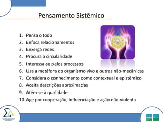 Pensamento SistêmicoPensa o todoEnfoca relacionamentosEnxerga redesProcura a circularidadeInteressa-se pelos processosUsa a metáfora do organismo vivo e outras não-mecânicasConsidera o conhecimento como contextual e epistêmicoAceita descrições aproximadasAtém-se à qualidadeAge por cooperação, influenciação e ação não-violenta