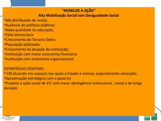 Desenvolvimento de projetos com impacto social inserindo as TICs;- Participação do CDI na intersetorialidade (fóruns, conselho, conferências, movimento popular) referentes ao Terceiro setor);- Novas estratégias de captação de recursos."MOBILIZE A AÇÃO“Má distribuição de renda;
