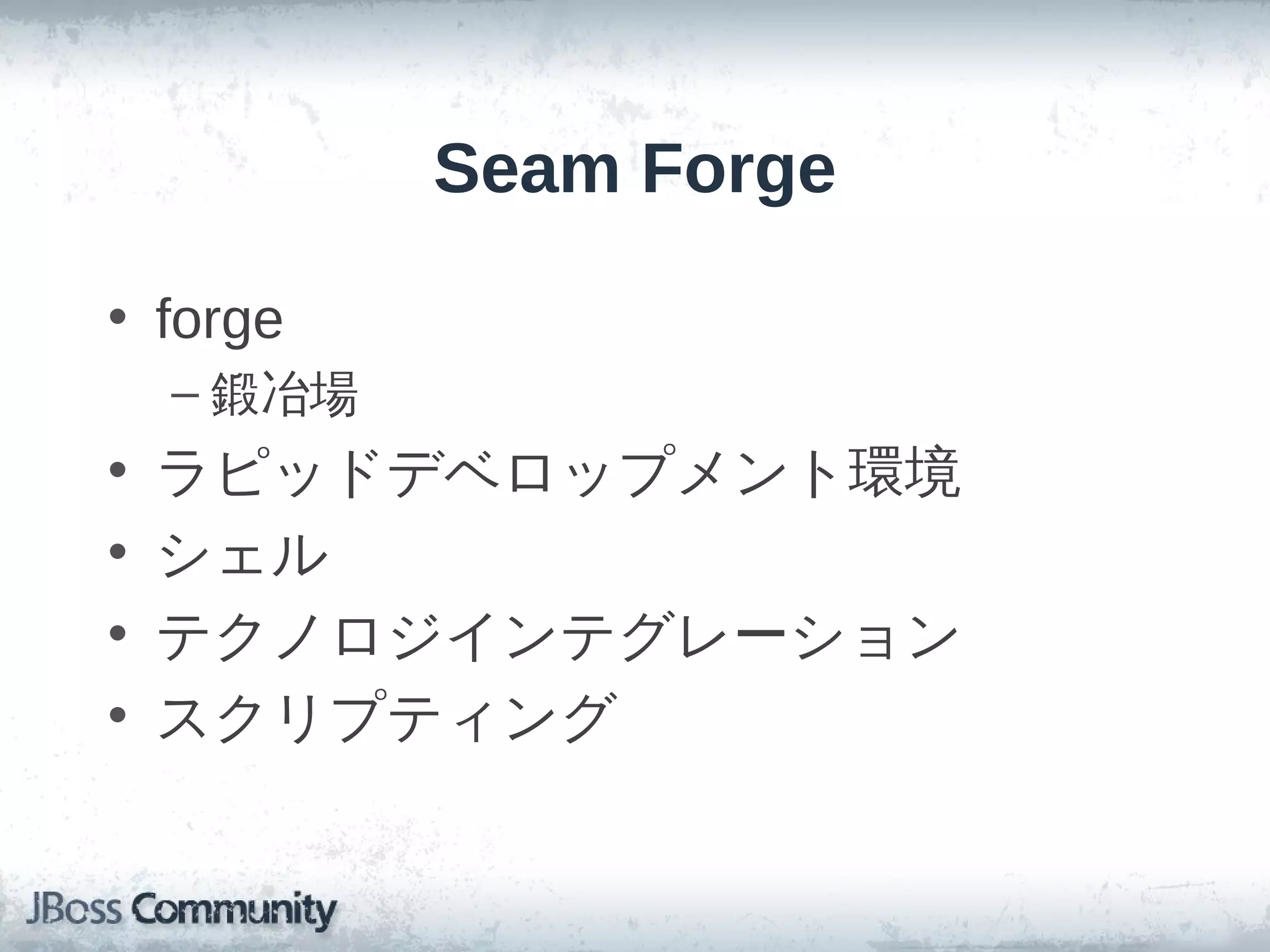 Seam Forge

• forge
    – 鍛冶場
•   ラピッドデベロップメント環境
•   シェル
•   テクノロジインテグレーション
•   スクリプティング
 